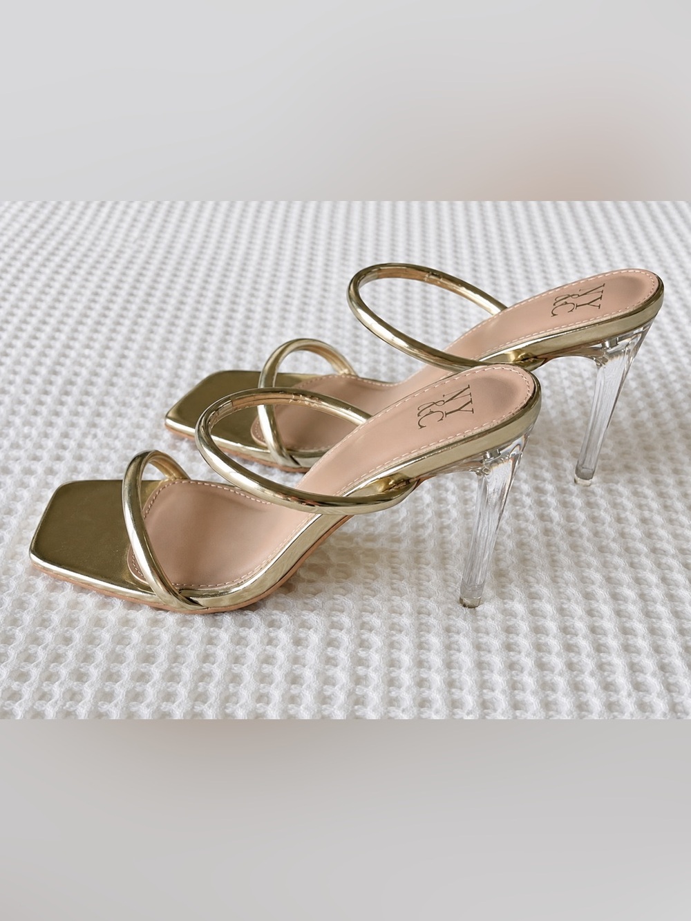 New York & Company Gold Metallic Strappy Sandals with Clear Heel